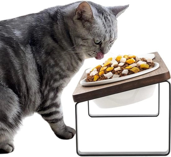 Stazione di Alimentazione per Gatti - Alimentatore Elevato con Box per Letame Ergonomica e Boccale Ceramico