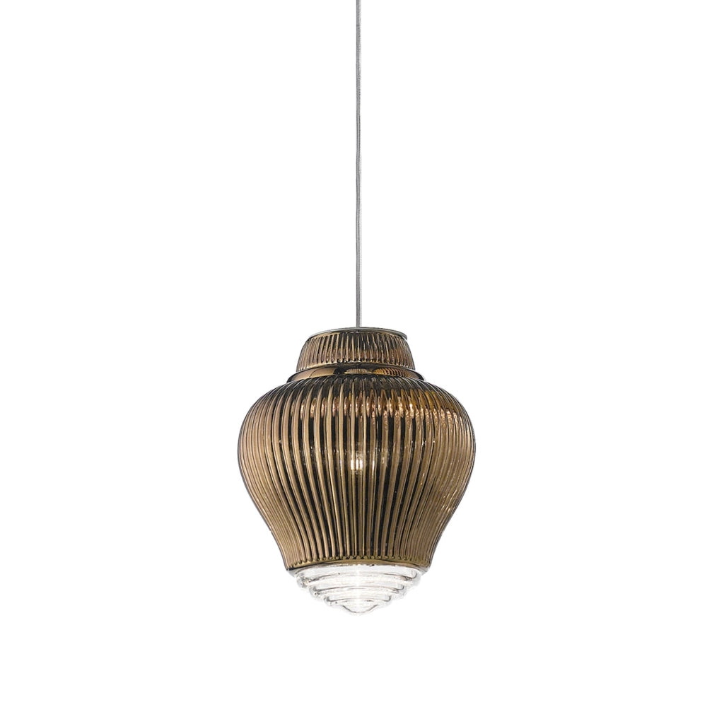 Clyde Lampada a sospensione in vetro soffiato bronzo con lavorazione rigadin, struttura in metallo grigio e cavi in tessuto, altezza 315 cm, E27