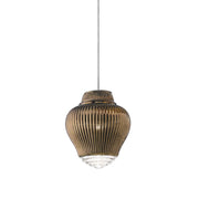 Clyde Lampada a sospensione in vetro soffiato bronzo con lavorazione rigadin, struttura in metallo grigio e cavi in tessuto, altezza 315 cm, E27