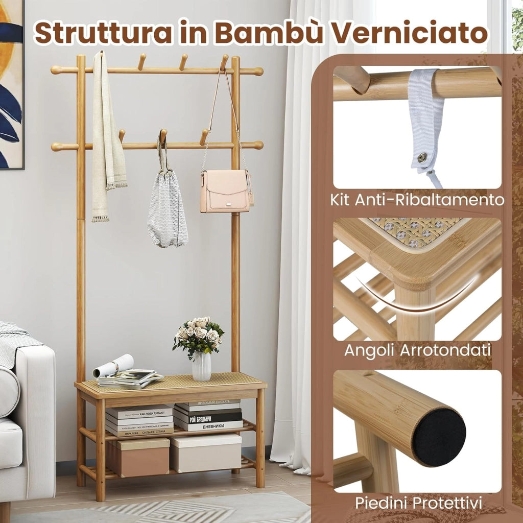 3 in 1 Appendiabiti da Terra in Bambù, Appendiabiti Salvaspazio con Scarpiera a 2 Ripiani, Panca in Rattan PE e 11 Ganci Arrotondati, Mobile Ingresso, 71 x 30 x 169,5 cm (Naturale)
