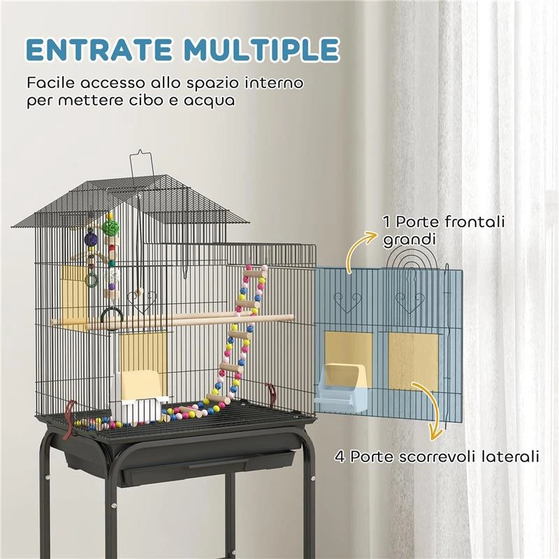 GABBIA PER UCCELLI CON PIEDISTALLO RUOTE GIREVOLI RIPIANO E ACCESSORI 46X36X120 CM NERO