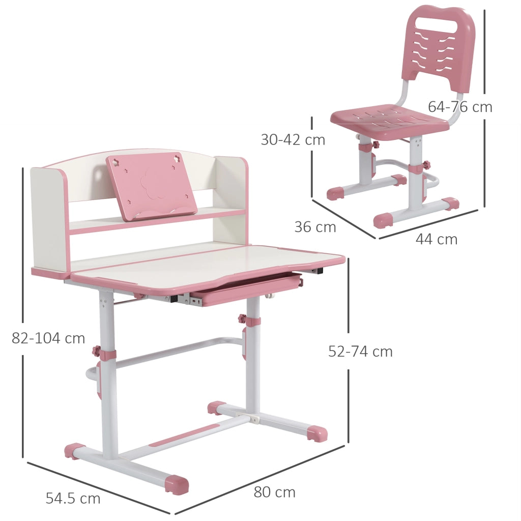 Set Scrivania per Bambini con Sedia Regolabile in Altezza e Piano Inclinabile, Et¨¤ 6-12 Anni, Rosa