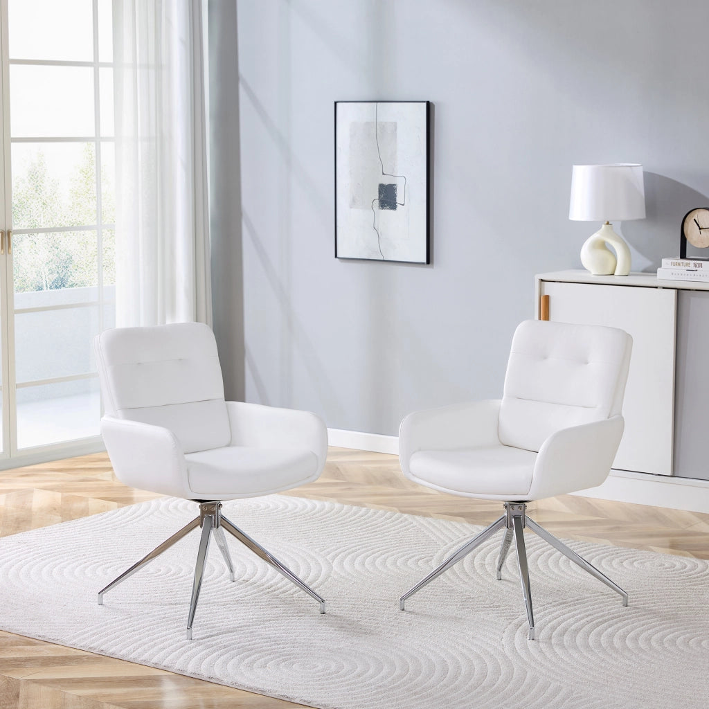Sedia da sala da pranzo girevole a 360° con schienale trapuntato; in PU e metallo; bianco argento