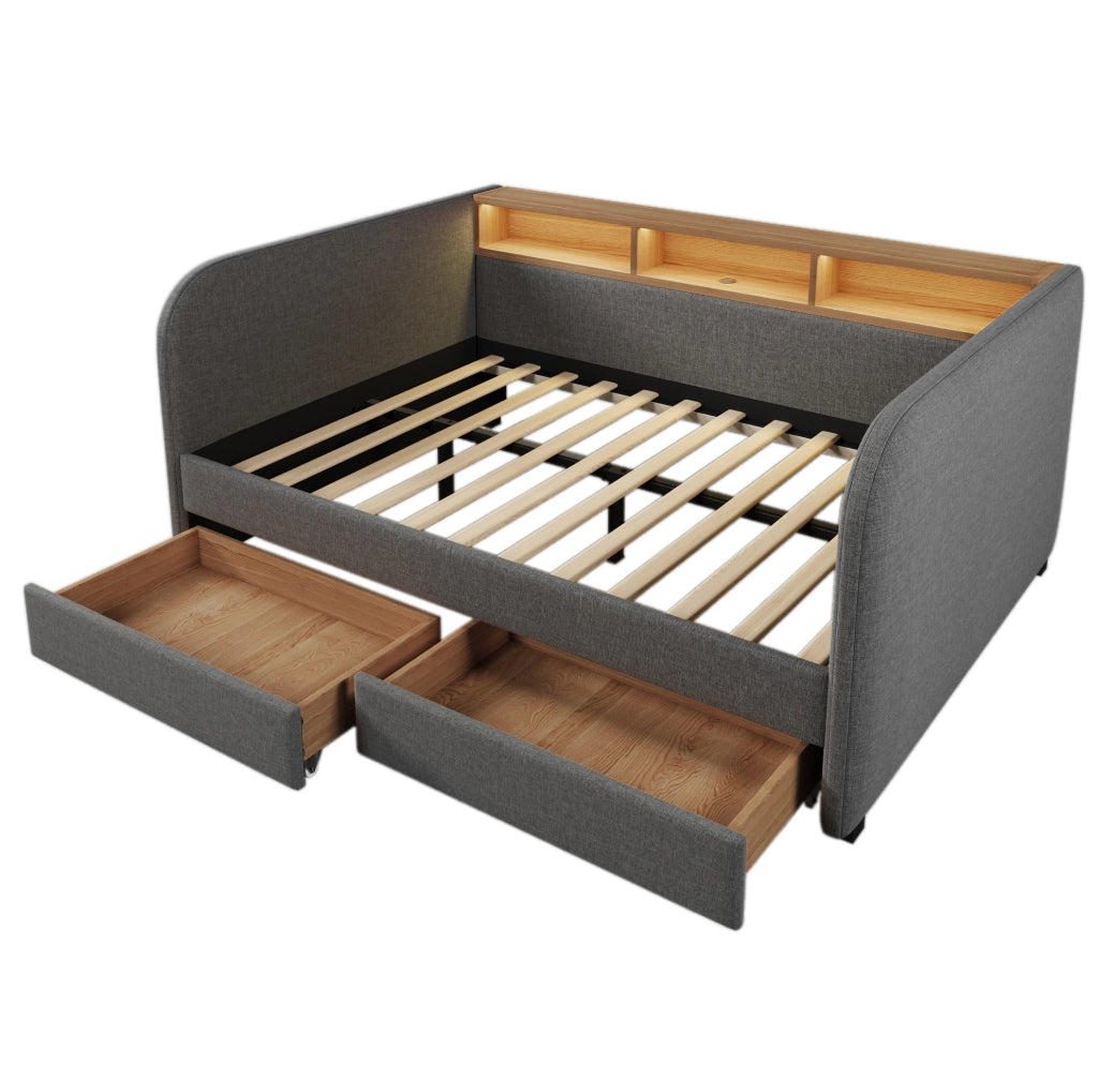 Letto imbottito 140x190 cm in lino grigio con LED; porte USB e Type-C; 2 cassetti