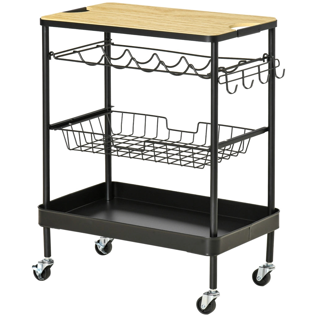 Carrello Multiuso per Cucina con Cestino e Portabottiglie ¨C Zephmum ¨C Nero 60.5x35.5x75 cm
