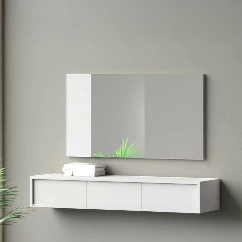 Specchio Atri, Specchio decorativo da ingresso, Articolo d'arredo a muro con profilo laterale, 100% Made in Italy, 110x3h60 cm, Bianco