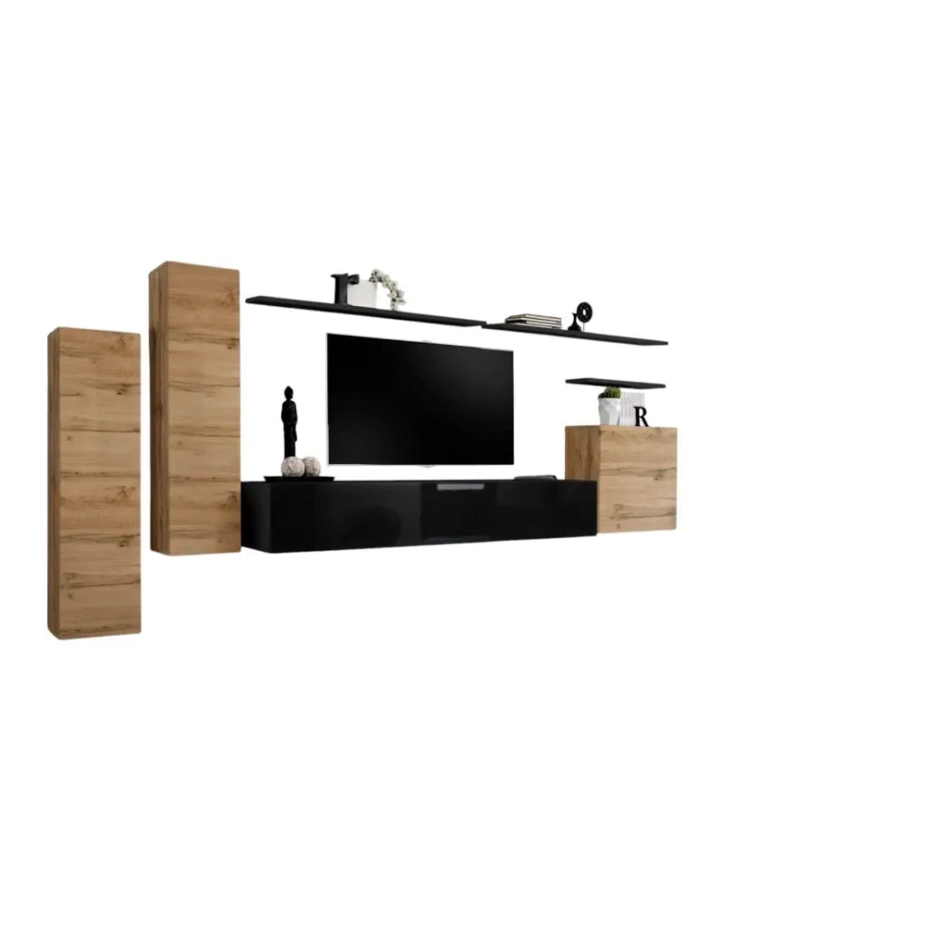 Set di mobili da salotto SWITCH I, design, colore rovere Wotan e nero lucido.