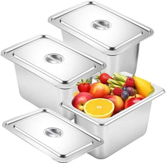 Set di 3 GN 1/3 Pannetterie con Coperchio in Acciaio Inox per Buffet e Catering