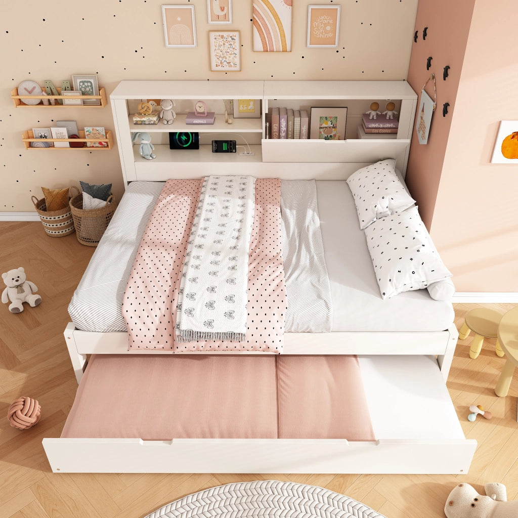 Letto a Divanetto 140x190 cm; Letto Matrimoniale con Estraibile; USB e Type-C - Bianco