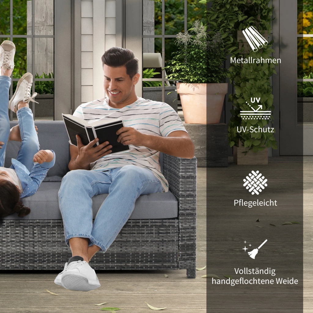 Divano lounge a 3 posti con cuscini in rattan per terrazzo e balcone grigio