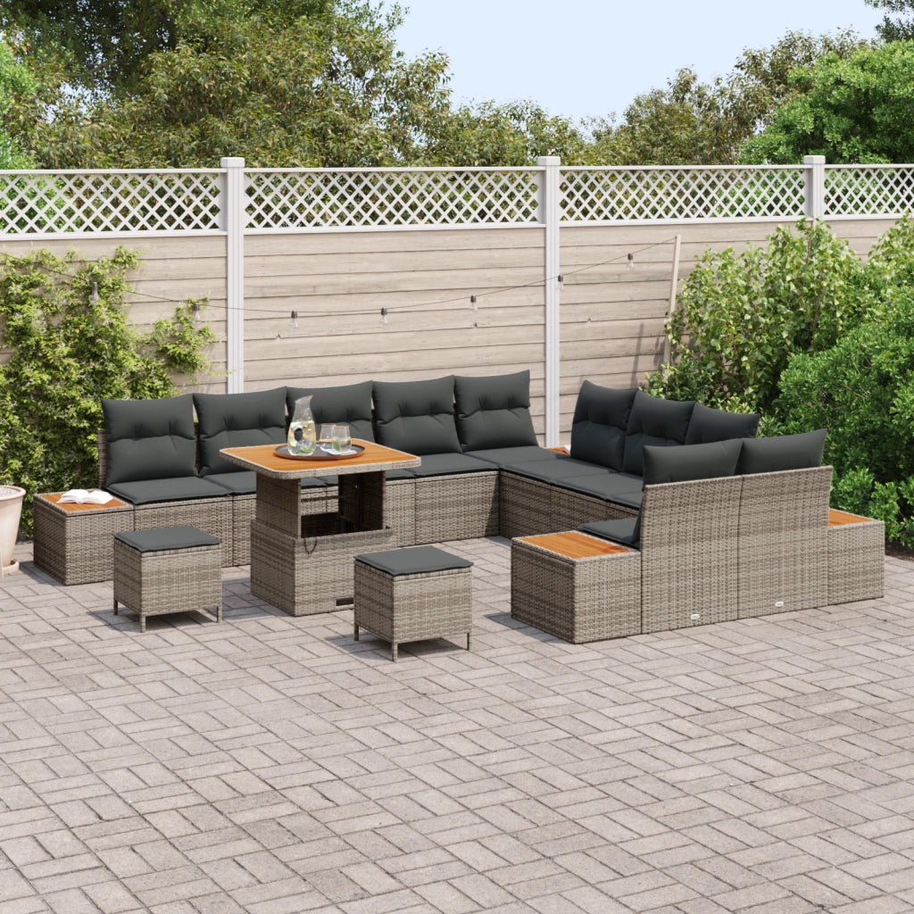 Set di Divano da Giardino  13 Pezzi con Cuscini Grigi Polyrattan Acacia