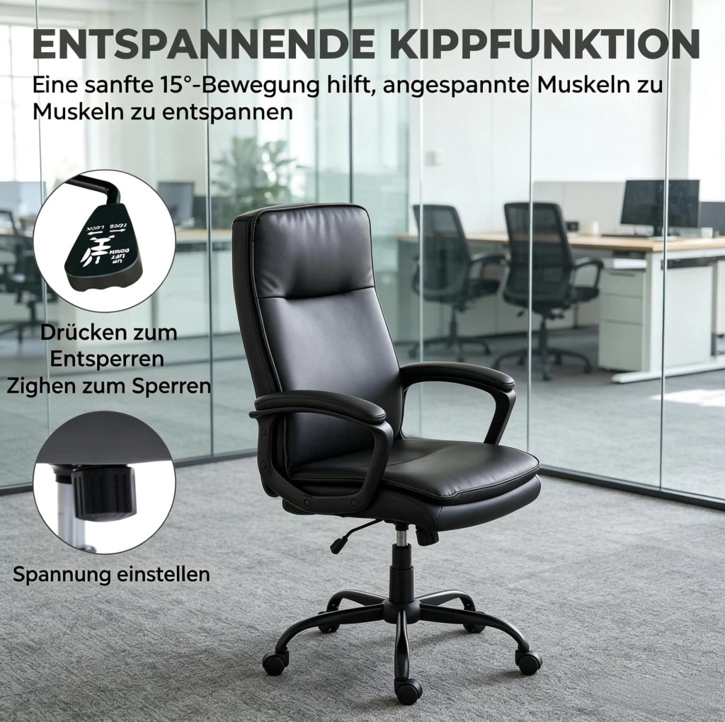 Sedia da ufficio ergonomica nera in PU con supporto regolabile e schienale curvo