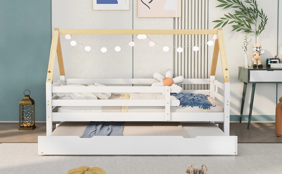 Letto a castello con letto estraibile bianco e naturale in legno massello 90x200 cm