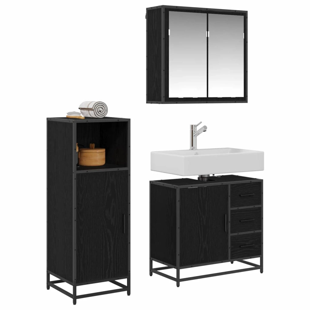 Set di mobili per il bagno 3 pcs Rovere Nero Legno multistrato