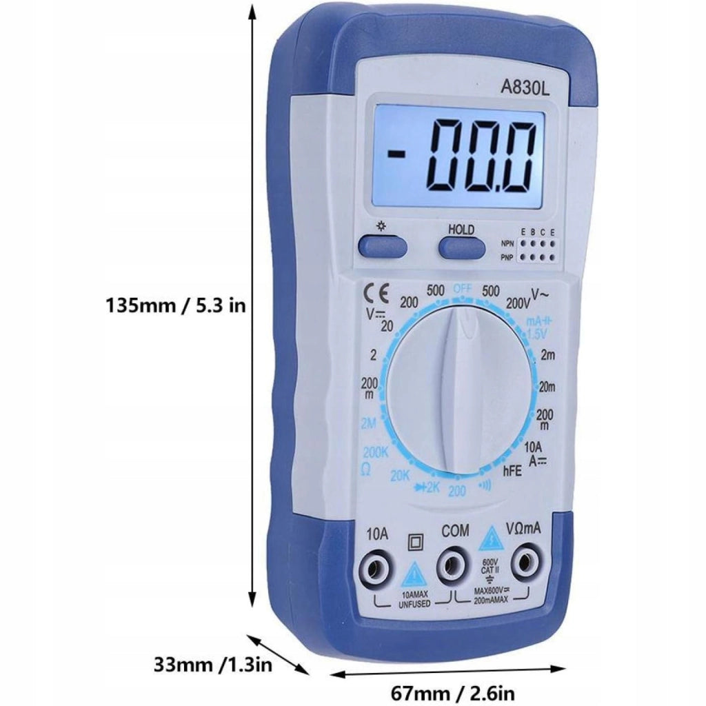 Multimetro Digitale A830L – Display LCD HD, Misura Tensione AC/DC, Corrente, Resistenza