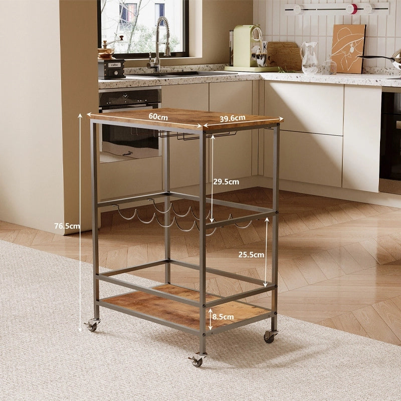 Mobiletto su ruote, marrone rustico, tavolo, ripiano, carrello da cucina, stile loft