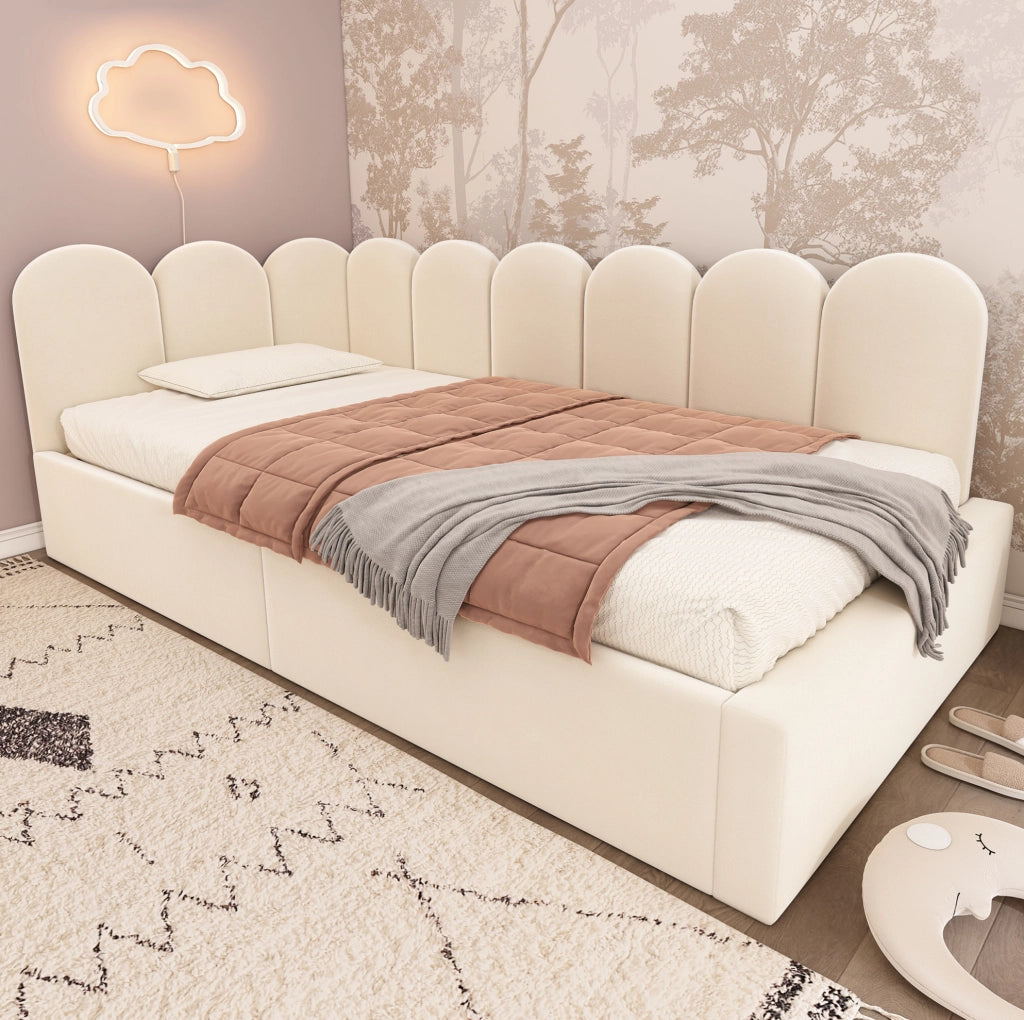 Divano letto 90x200 cm; contenitore idraulico; velluto beige (Senza materasso)