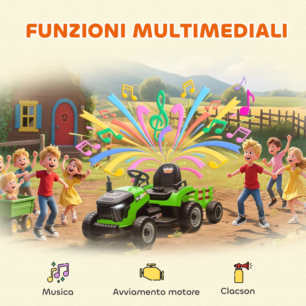 Trattore Elettrico per Bambini 12V con Rimorchio Staccabile 139x58x55 cm e Telecomando Verde