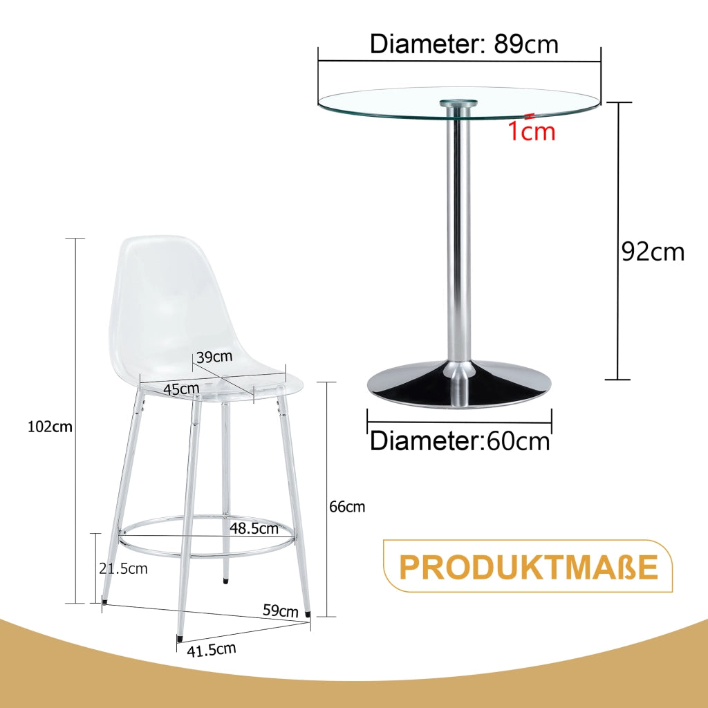 Set tavolo cucina e sedie con 1 tavolo bar e 2 sgabelli; poggiapiedi; in vetro; metallo e plastica trasparente