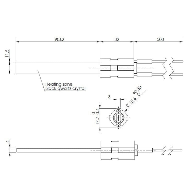 Resistenza accensione per stufe a pellet in cristalli di quarzo nero, con flangia PS14-230-300 122mm 300w