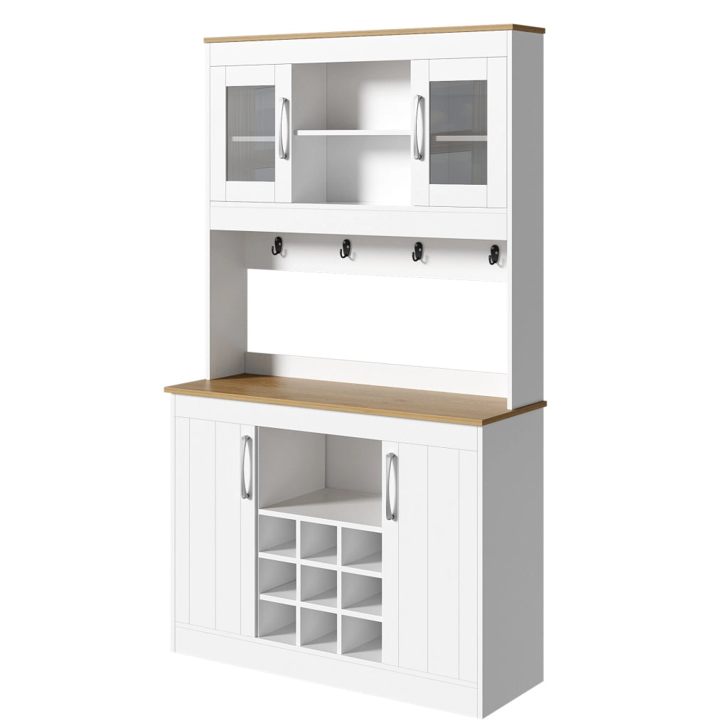 Credenza cucina 106x39x175 cm bianco e legno con vetrine
