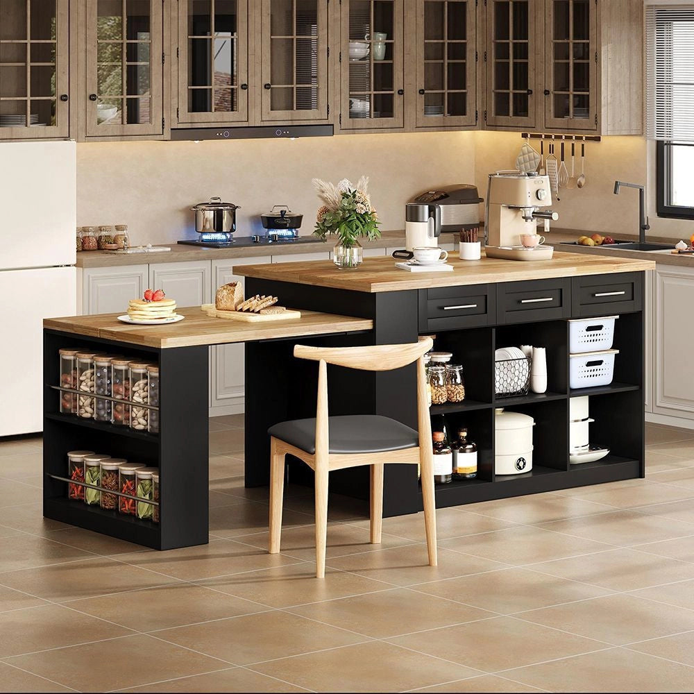 ?lot de cucina multifunzionale - Xylo - 150x96 cm - Nero - Tavola allungabile, piano laminato legno, armadi integrati