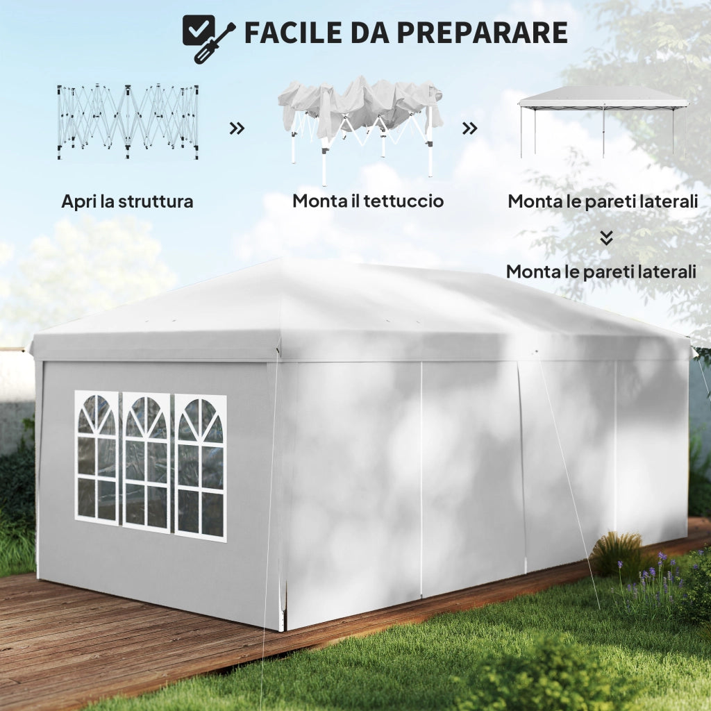 Gazebo 6x3 m Pieghevole da Giardino a 6 Pareti in Acciaio e tessuto Oxford con Funi e Picchetti, Bianco