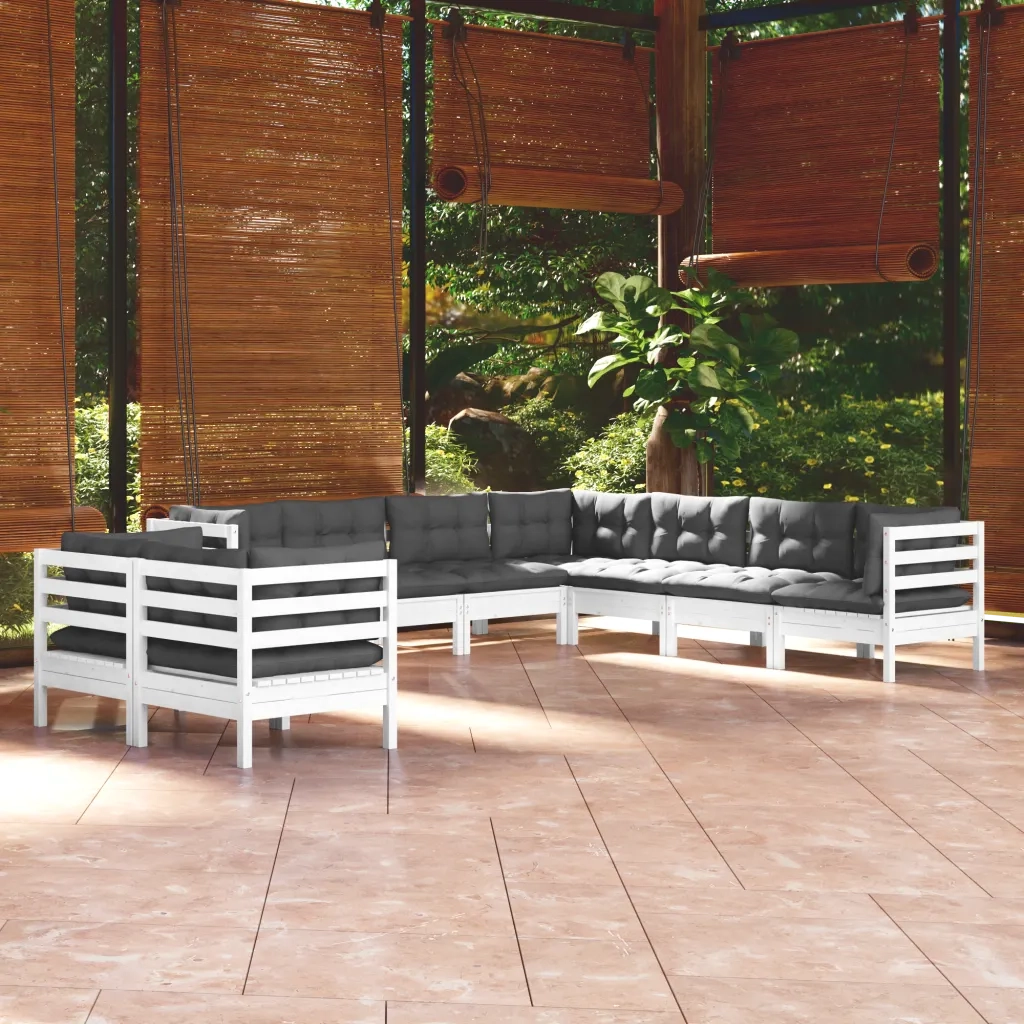 Set Divani da Giardino 9 pz con Cuscini Bianchi Legno di Pino 3096900