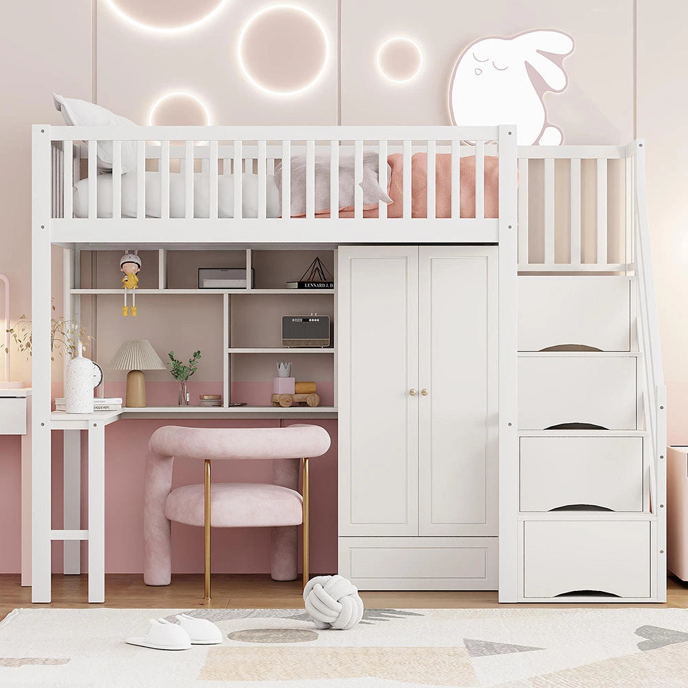 Letto a Soppalco Multifunzione – Xylo – 90x200cm, Legno Bianco, Grande Armadio, Scaffale, Tavolo, Scala, Ripostiglio