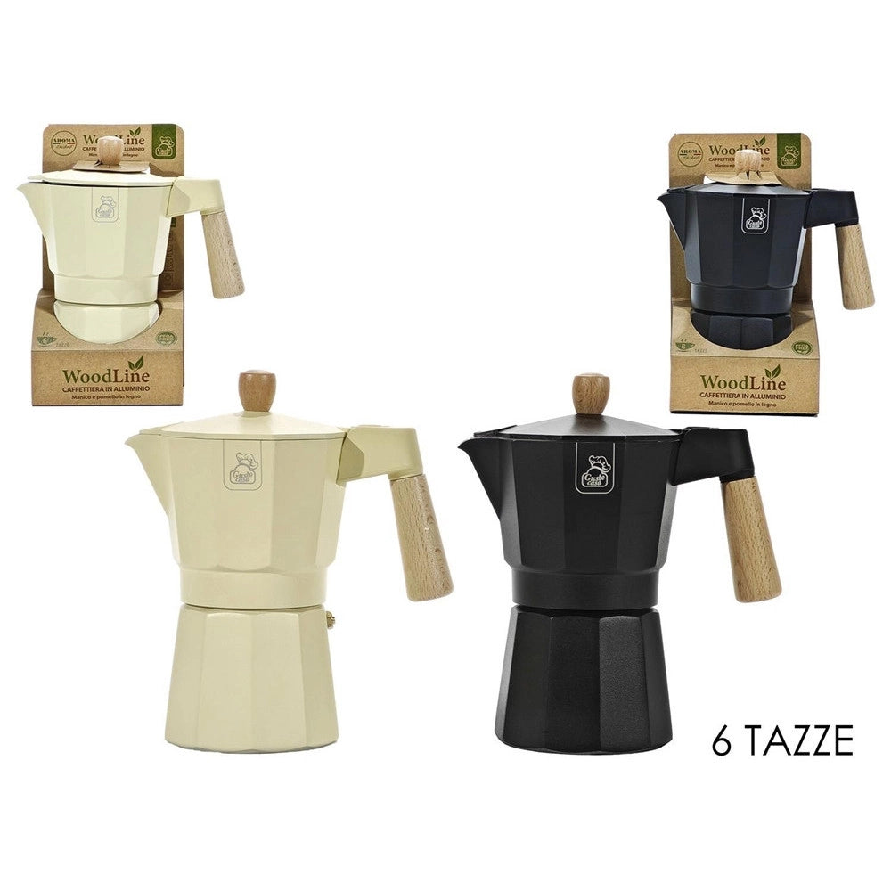 Trade Shop - Caffettiera In Alluminio Moka 6 Tazze Con Manico Pomello In Legno Utensile Caffè Espresso -