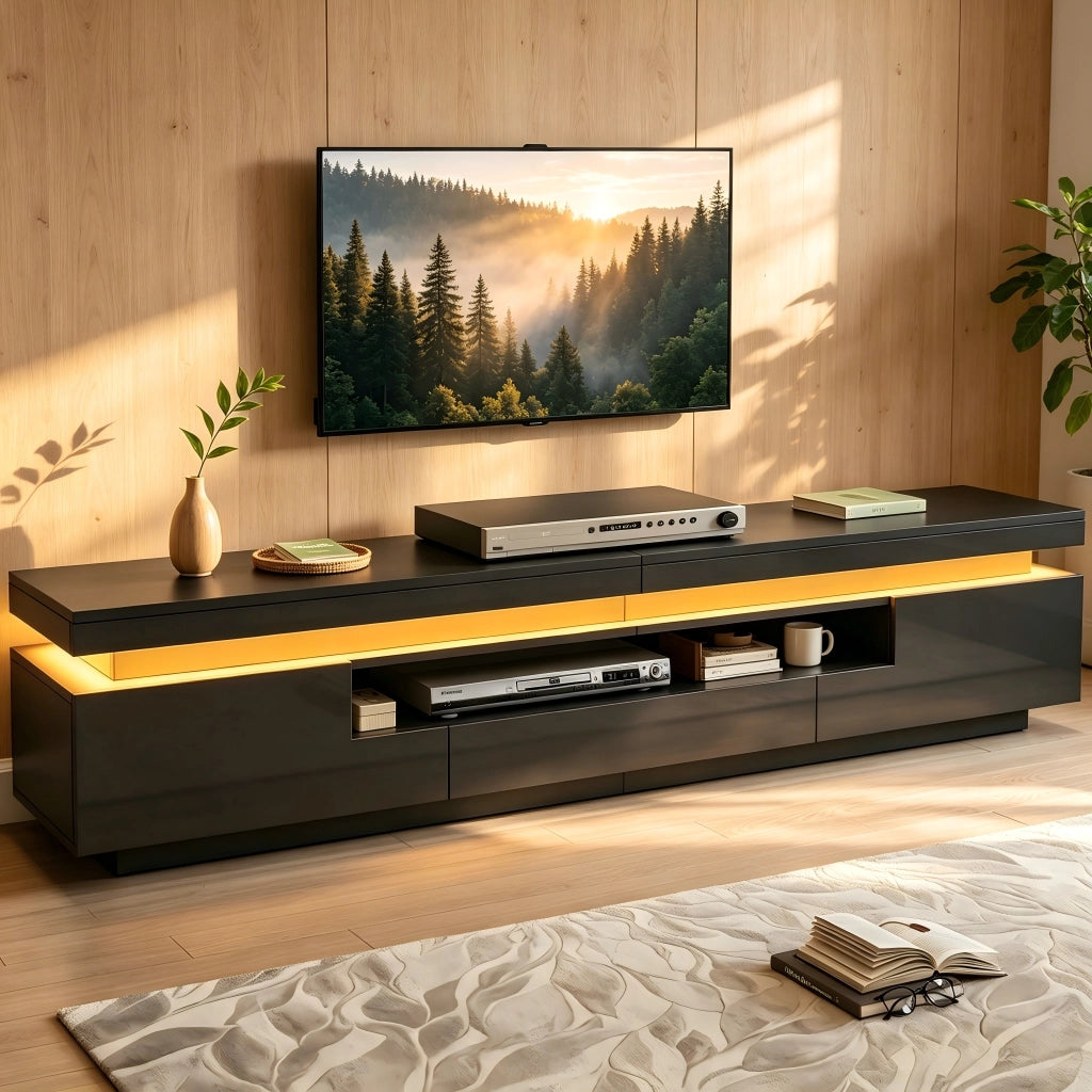 Mobile TV con 2 vani e 1 cassetto; LED; per soggiorno; 175×38×45 cm; nero