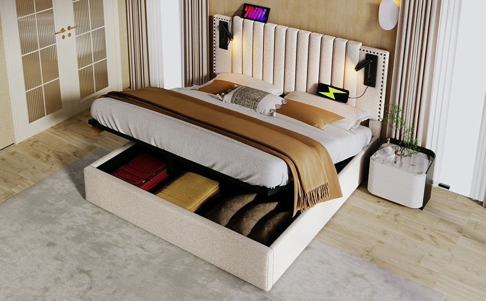 Letto matrimoniale imbottito 160x200 cm con cassone, luce da lettura e prese USB-C, testiera rivettata, cotone, beige