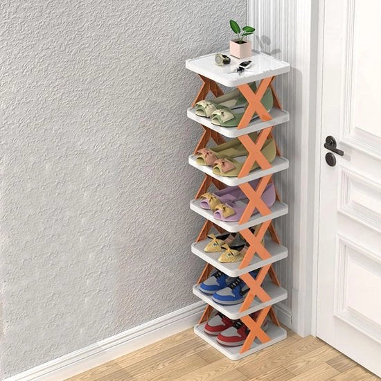 Rack di Scarpe Pieghevole in Plastica Senza Installazione - Deposito Verticale di Scarpe per Casa (Arancione, 6 Piani)