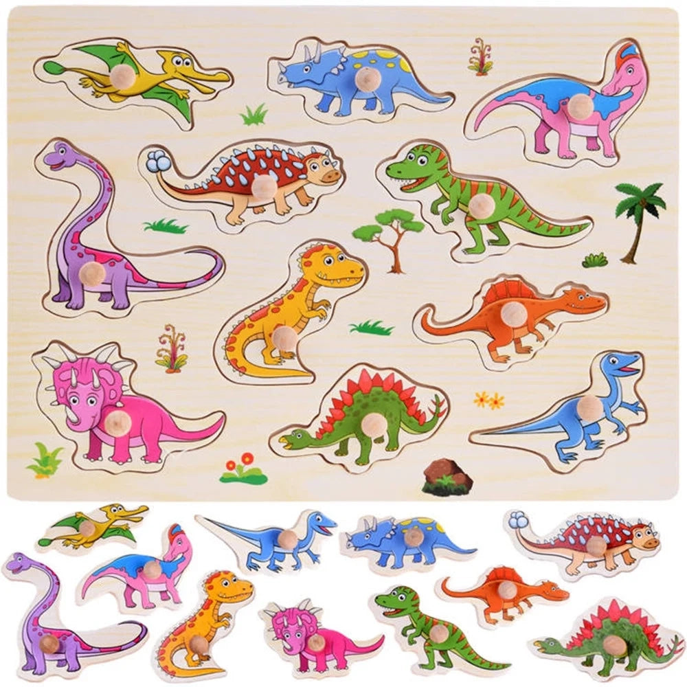 Trade Shop - Puzzle A Incastro Tema Dinosauro Gioco Educativo In Legno Per Bambini Con Pomelli 07539 -
