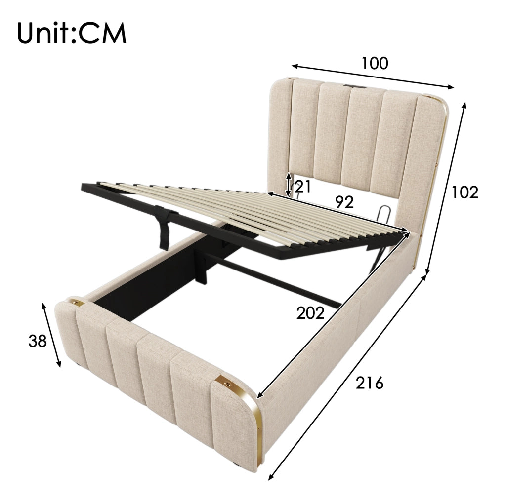 Letto singolo imbottito ULEVR 90x200 cm con vano contenitore idraulico, USB e Type-C, lino beige