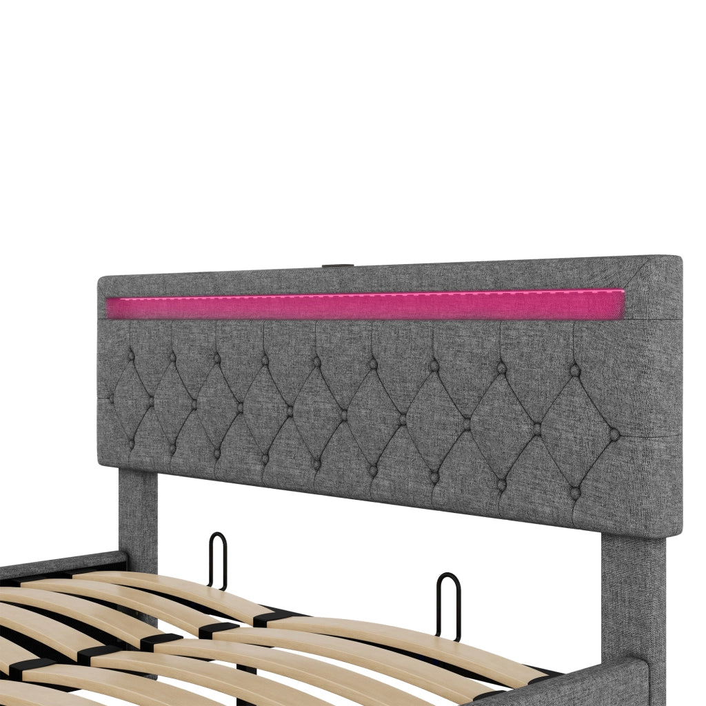 Letto imbottito matrimoniale 160 × 200 cm con contenitore sollevabile, led regolabile, usb e tipo-c, senza materasso, grigio