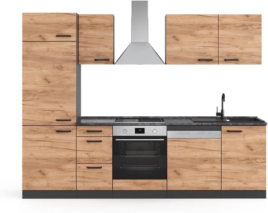 Mobile da cucina Optima, Quercia dorata/antracite, 270 cm Senza piano di lavoro, con colonna, adatto per disposizione e ampliamento personalizzati