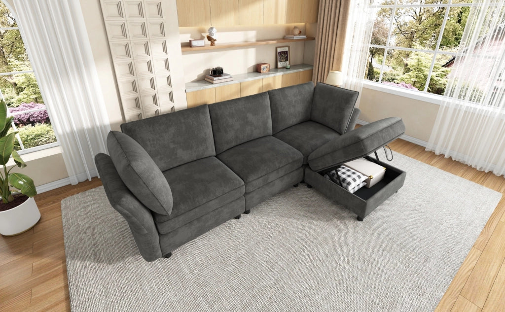 Divano modulare a L con pouf contenitore e cuscini in chenille grigio con braccioli ergonomici 4 5 posti