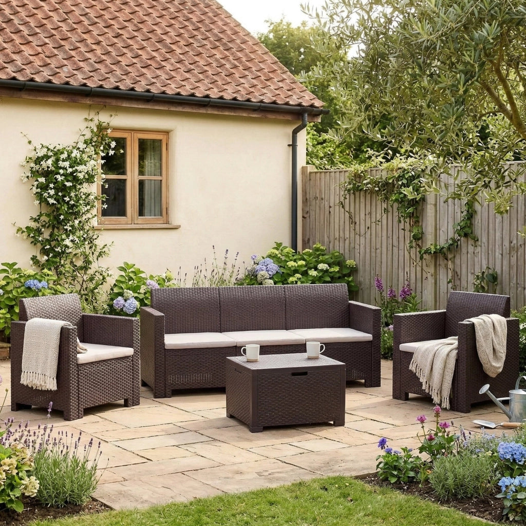 Salottino da esterno Admiral, Set da giardino con cuscini, Salottino  effetto rattan, 100% Made in Italy, Marrone
