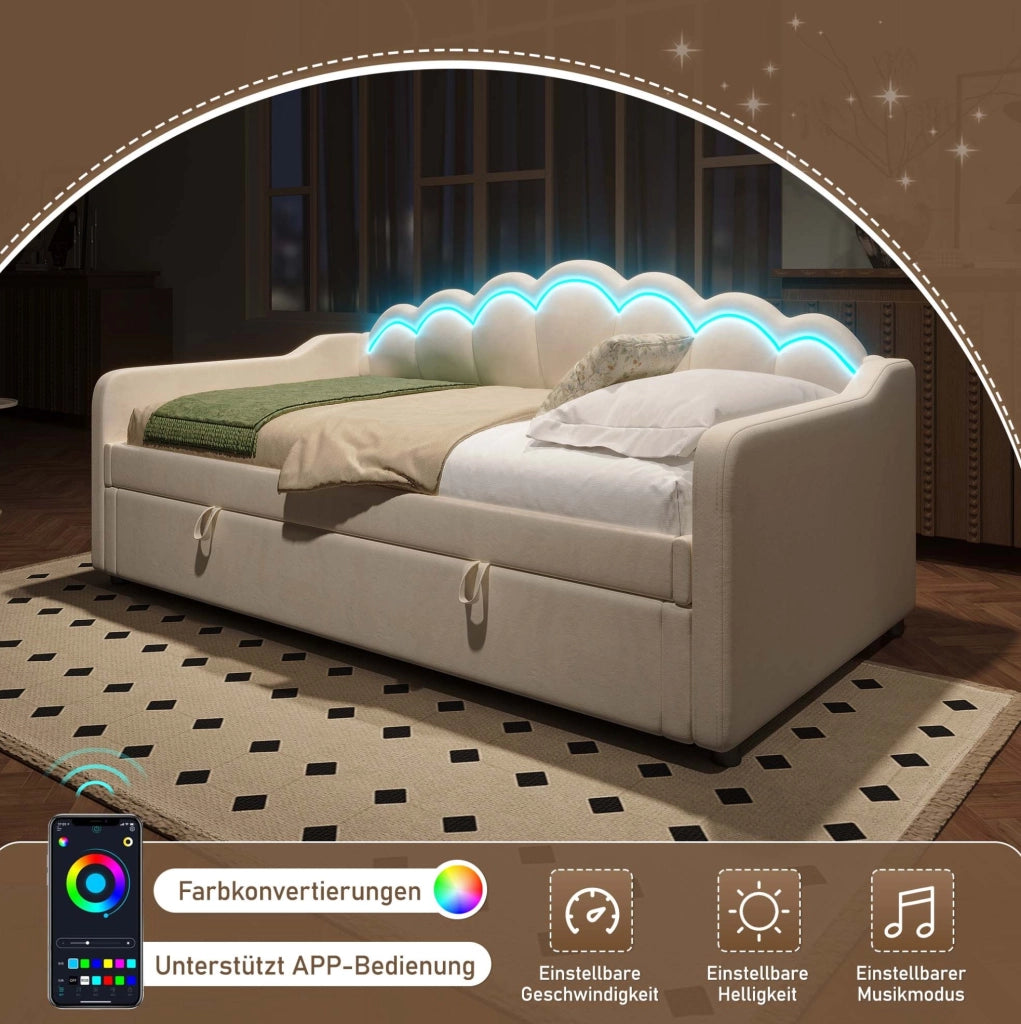 Letto singolo imbottito 90x200 cm con vano contenitore e LED beige