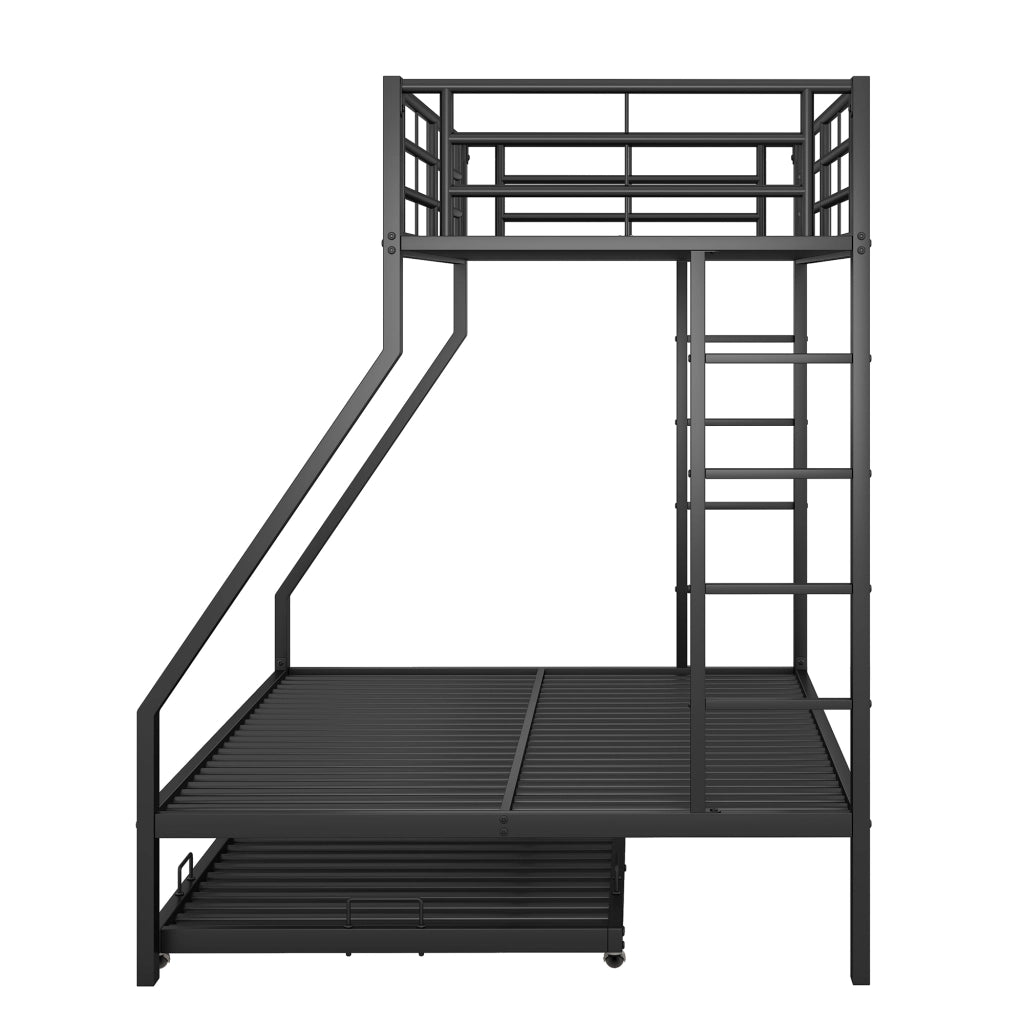OKWISH Letto a Castello 90×200 cm e 140×200 cm, Letto 3 Posti con Letto Estraibile, 2 Scale e Sponde, senza Materasso, in Metallo, Nero