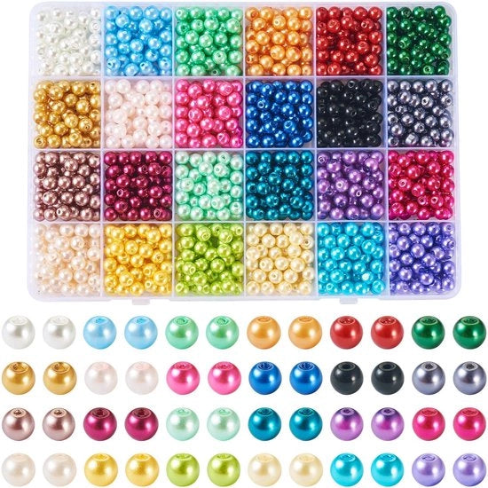 Kralen 1200 Stuks - Ronde Glazen Kralen - 24 Colori - 6 mm - Per Creare Gioielli - Contenitore di Kraal in Plastica - Kralen per Gioielli