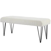 Panca Fondoletto Moderna con Gambe a Forcina, in Tessuto Effetto Ciniglia, Legno e Metallo, 118.5x46x49.5 cm, Crema