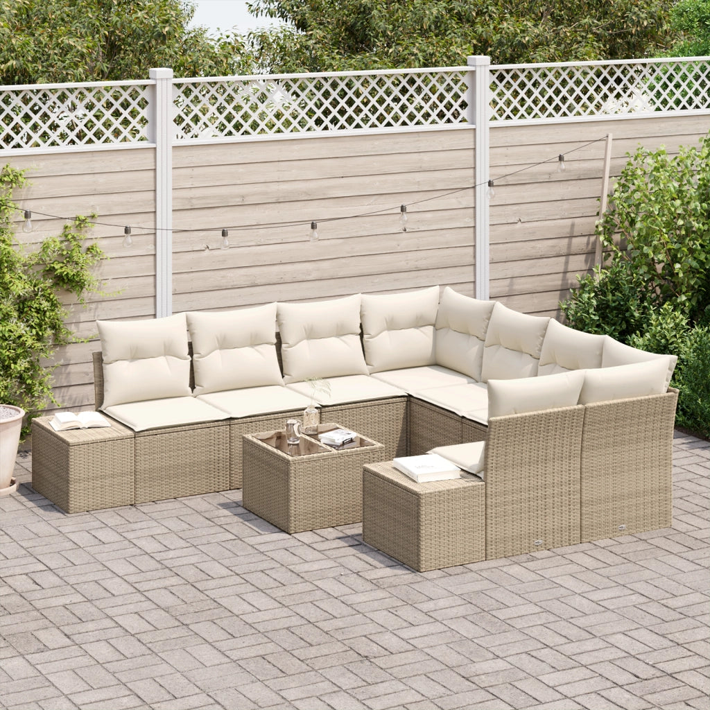 Set di Divani da Giardino da 9 Pezzi con Cuscini Beige in Rattan Poly