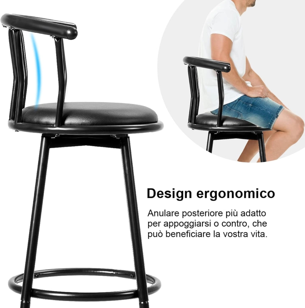 Sgabello Alto, Girevole a 360°, Set di 2 Sedie da Bar con schienale e poggiapiedi, 101,5 x 56 x 55 cm, Portata Massima 150 kg (Nero)