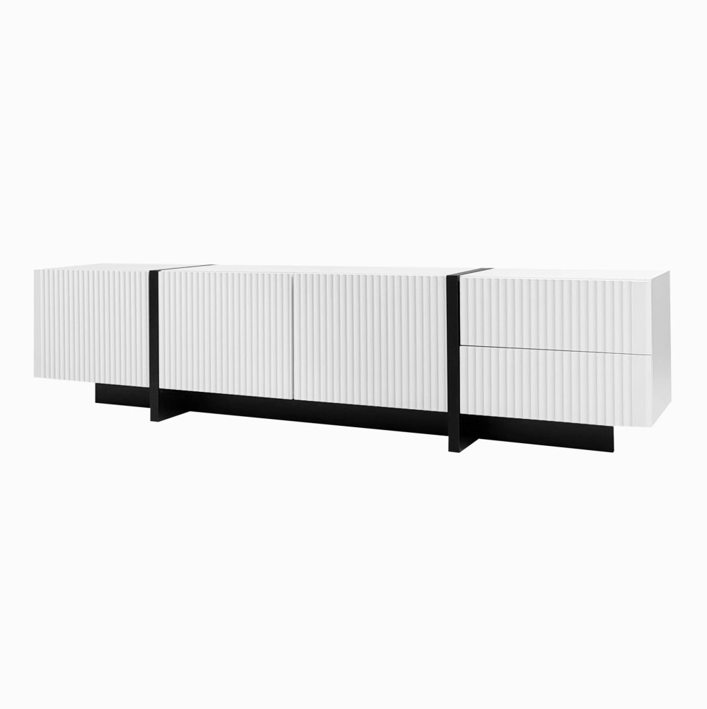 Mobile TV 190 cm con 3 Ante e 2 Cassetti, MDF Bianco e Nero