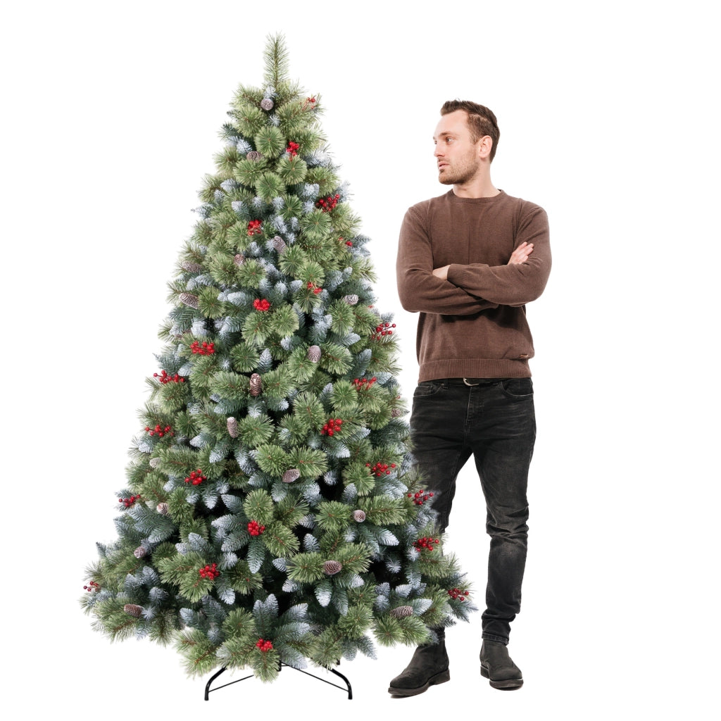 Cortina - Albero di Natale Innevato in PVC e PP con Pigne e Bacche Ø121x210H, 1348 Punte