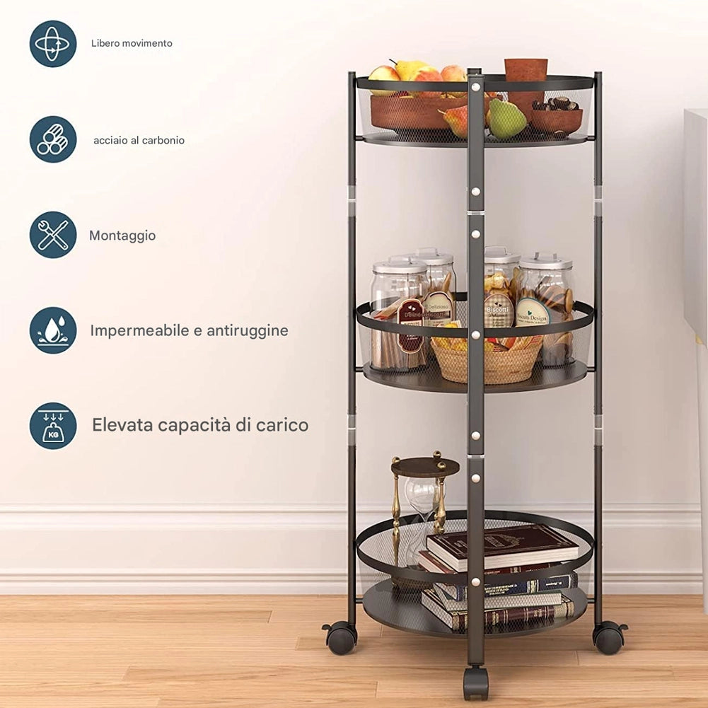 Carrello Pieghevole Salvaspazio Ø35x88 cm con 3 Ripiani Organizer Versatile in Metallo Nero