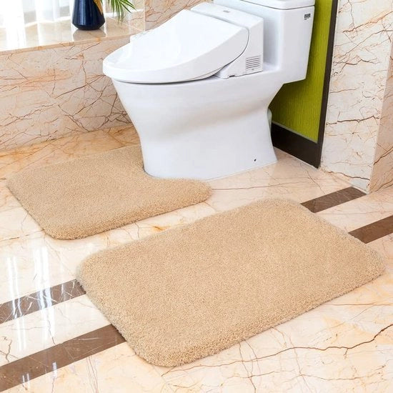 Set di tappeti da bagno (2 pezzi), set di tappeti da bagno antiscivolo, tappeto da bagno spesso, insieme per la doccia, tappeto morbido, tappeto morbido con microfibra, tappeto da bagno 50 x 80 cm + tappeto da toilette 50 x 60 cm (beige)