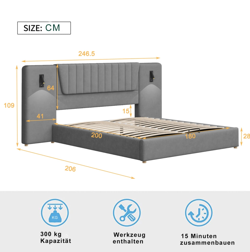 Letto imbottito 180 x 200 cm grigio con luci orientabili e vano contenitore